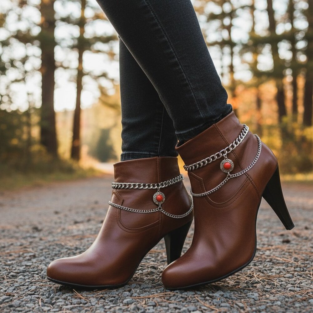 2PCS Women Silver Metal Chain Boot Bracelet Shoe Anklet Ethnic Coin Red Charm
